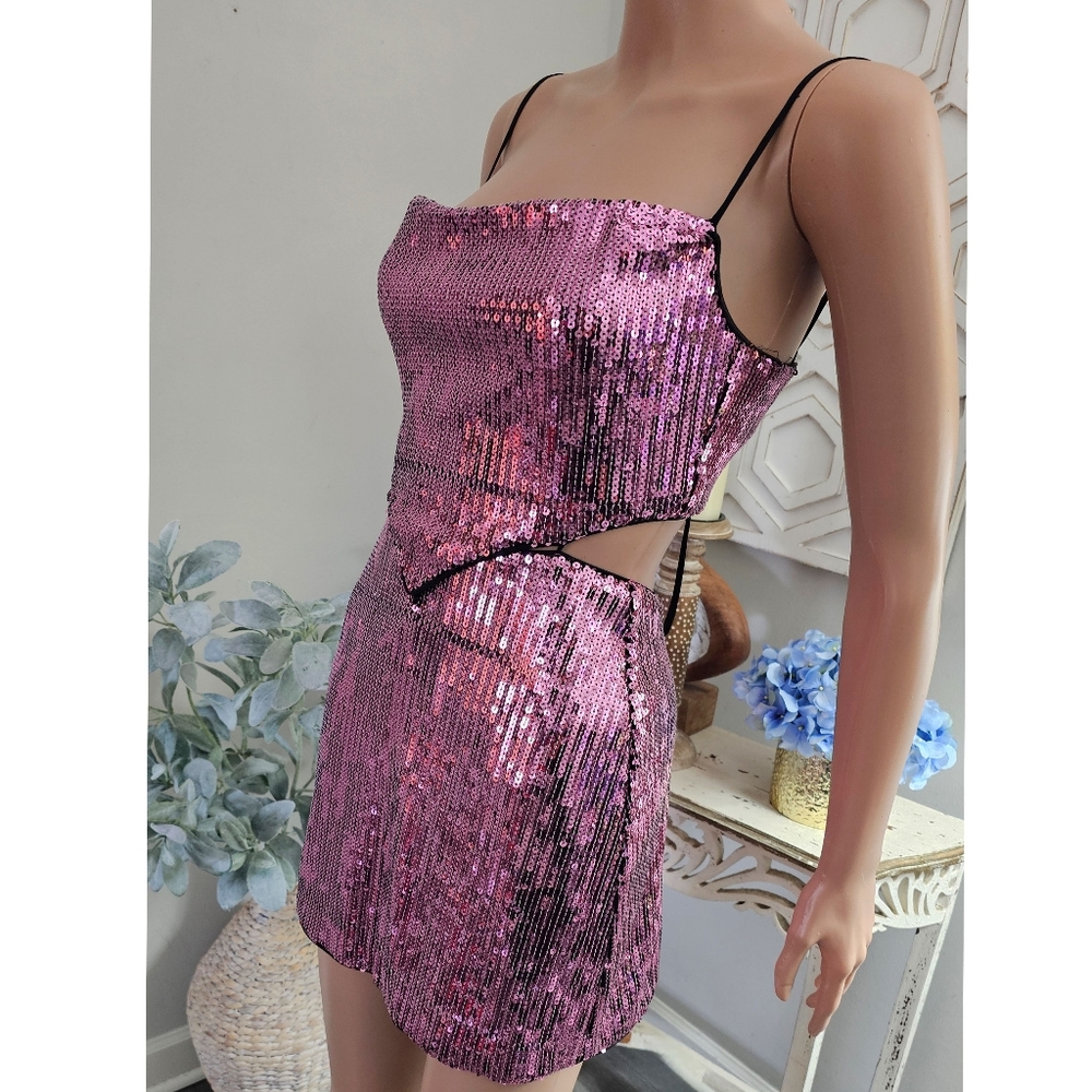NBD Cindy Pink Sequin Strappy Cut Out Open Back Mini Dress Size XXS - Picture 3 of 9